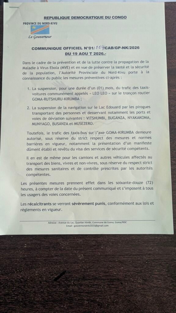 Prévention d’Ebola au Nord-Kivu : les autorités provinciales suspendent le trafic des taxis « Leo Leo » sur l’axe Goma–Kirumba et la navigation sur plusieurs axes du lac Édouard 2 pxl 20260819 1504200228657284852747192634