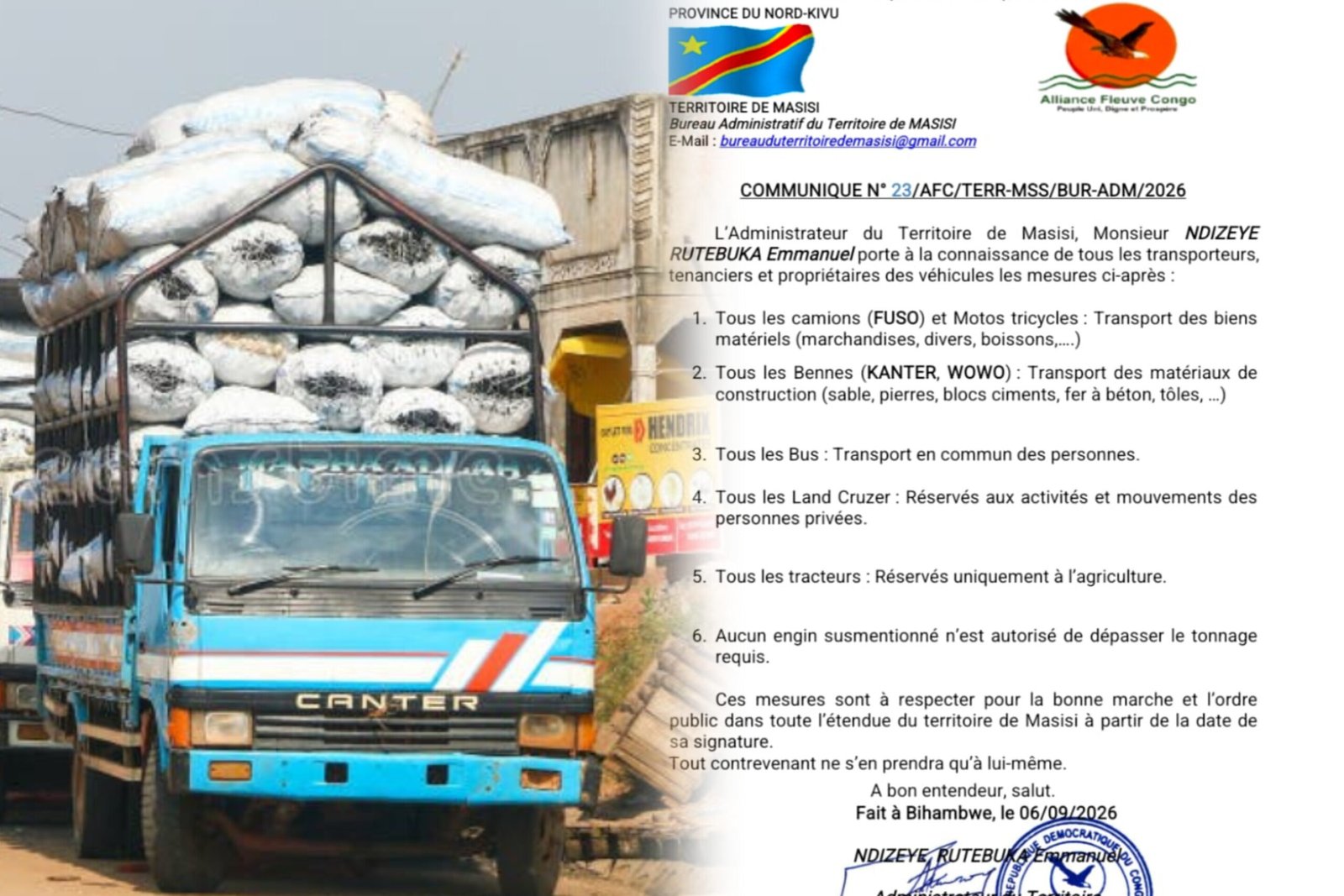 Masisi : l’administrateur territorial Emmanuel Ndizeye Rutebuka fixe de nouvelles mesures sur l’utilisation des engins de transport