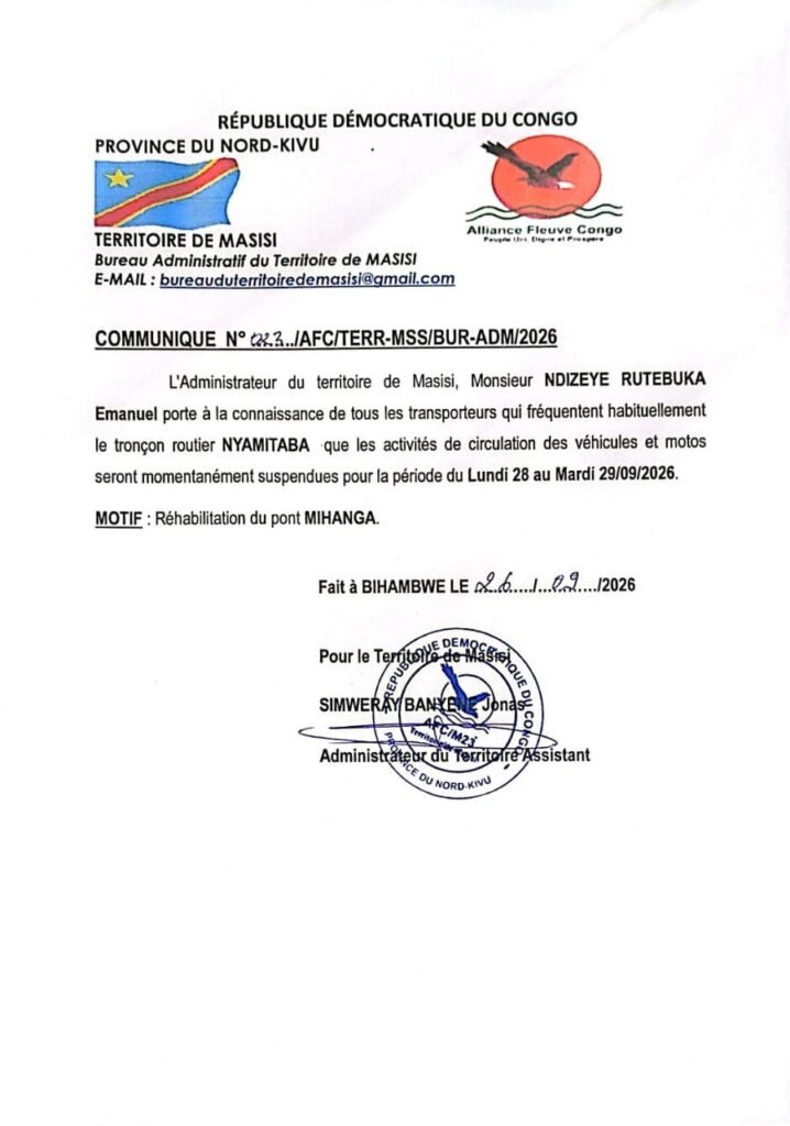 Masisi : le trafic des véhicules et motos interrompu du 28 au 29 septembre sur le tronçon Nyamitaba pour la réhabilitation du pont Mihanga 2 img 20260927 wa04695188614679997201061