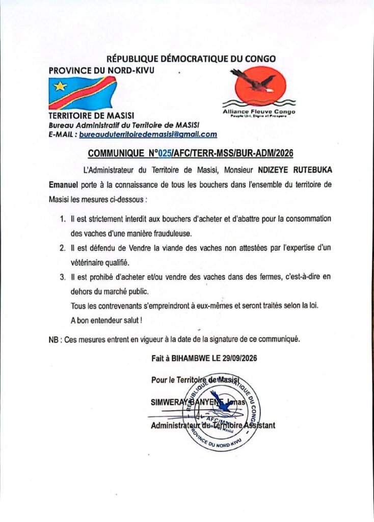 Masisi : les autorités renforcent les mesures encadrant l’achat, l’abattage et la vente des bovins 3 img 20260929 wa05838012649449993057772